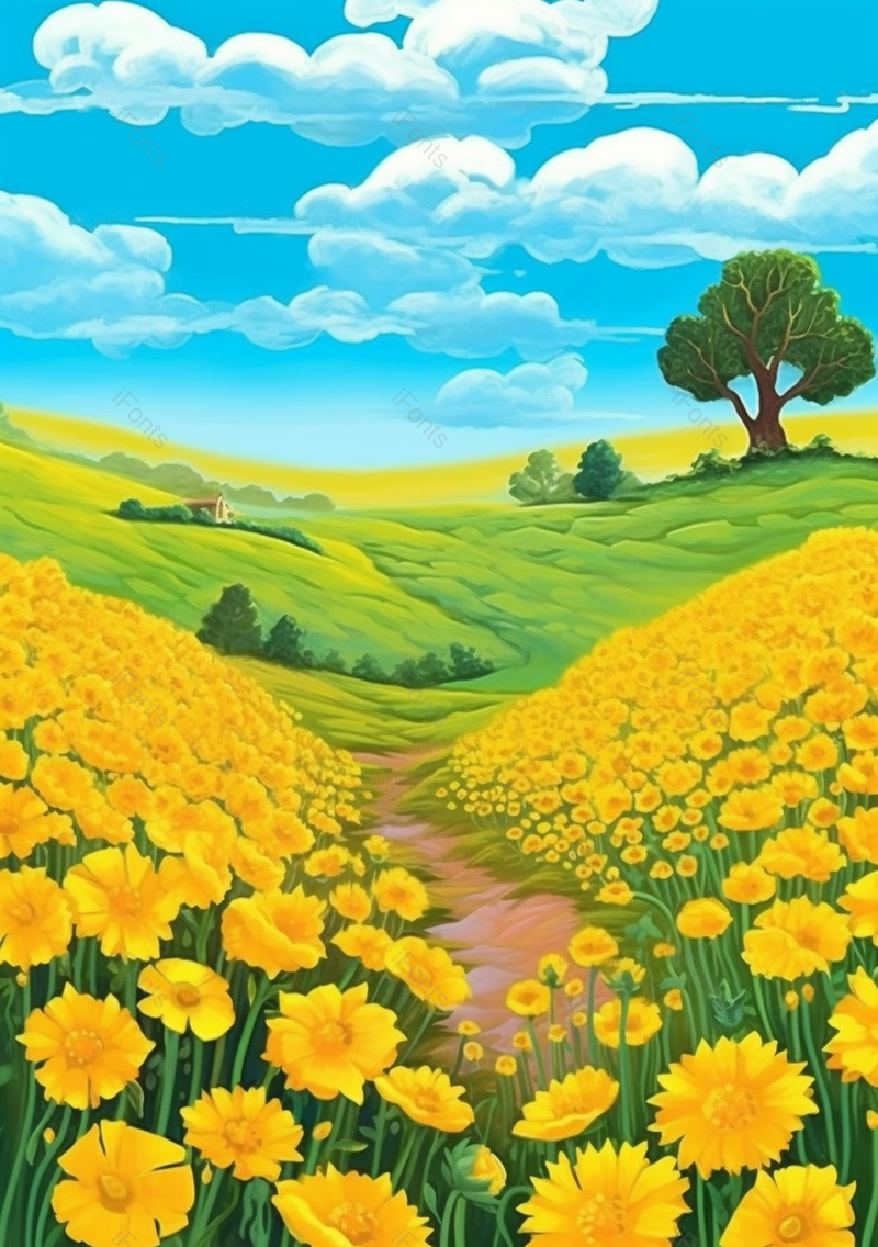 田园小屋春天大自然春分花丛黄花草地漫山遍野田园风景,插画/手绘图,插画/手绘图库,插画/手绘图下载,插画/手绘
